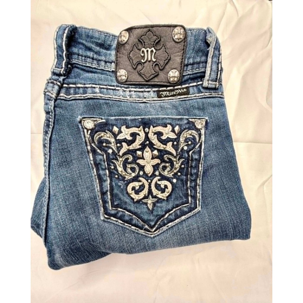 Miss Me Womens Bootcut Jeans 28x33 Medium Wash Embellished Fleur De Lis Stretch